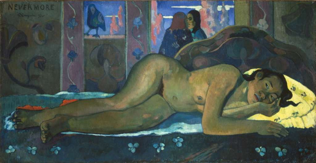 Courtauld 07 Paul Gauguin - Nevermore 7. Paul Gauguin  Nevermore. 1897, 61 x 116cm. The painting sets up a triangular relationship between the nude figure, the bird, seemingly watching, and the clothed figures in the background, turned away and talking. Gauguin: I wished to suggest by means of a simple nude a certain long-lost barbarian luxury. . . . Mans imagination alone has enriched this dwelling with his fantasy. As a title, Nevermore; not the raven of Edgar Poe, but the bird of the devil that is keeping watch.